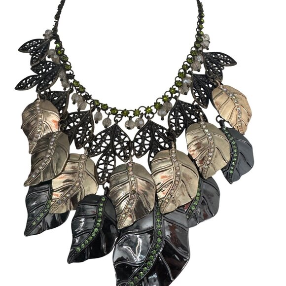 2/$25 Bicolor Leaf Statement Necklace With Multicolored Rhinestones - Picture 3 of 10